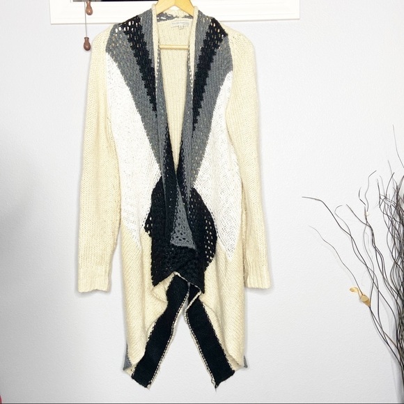 Charming Charlie Young Threads Duster Cardigan Sz L Black Beige Gray Knit - Picture 1 of 9